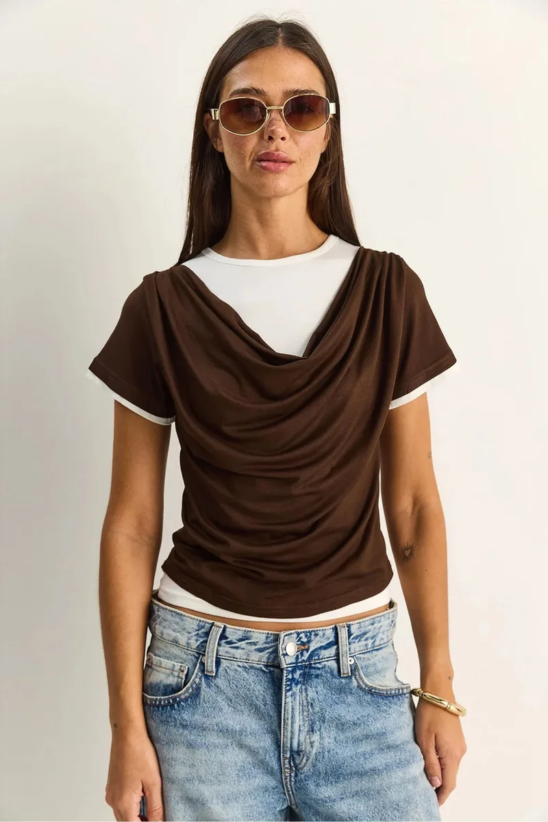 Bianco Lucci LUCCI Women's Cowl Neck Short Sleeve T-Shirt