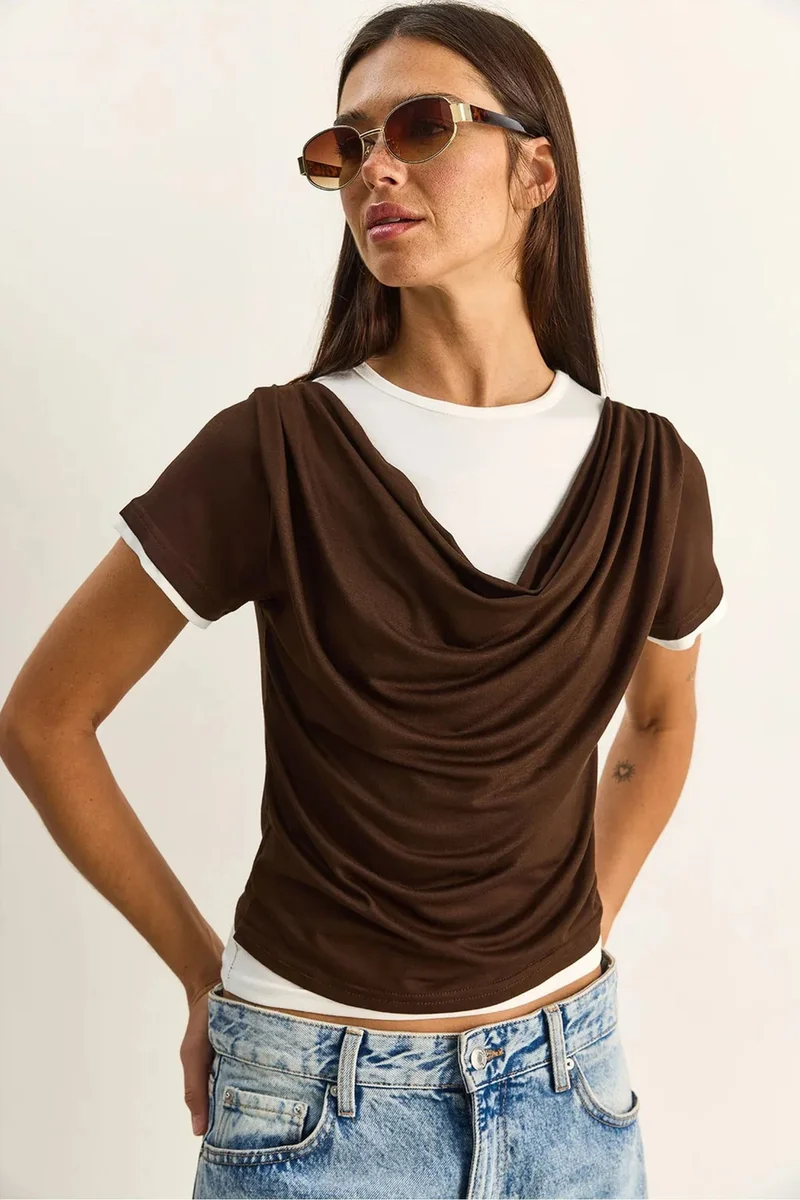Bianco Lucci LUCCI Women's Cowl Neck Short Sleeve T-Shirt