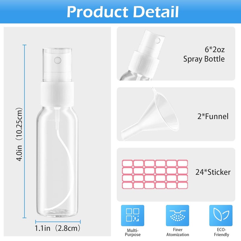 ZZCP Spray Bottles, 1oz/30ml Clear Empty Fine Mist Plastic Mini Travel Bottle Set, Small Refillable Liquid Containers with 2pcs Funnels and 24pcs Labels (6 Pack) - Image 3