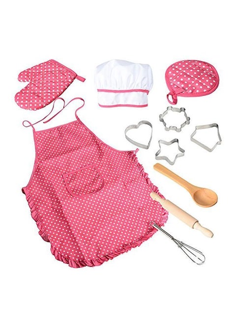11-Piece Chef Role Playing Kitchen Set Hat 1x (26), Gloves (17), Apron (80x40), Spoon (14.5), Rolling Pin (20), Whisker (12.5), Cookie Cutters 4x (4), Mitts (10.5x10.5)cm