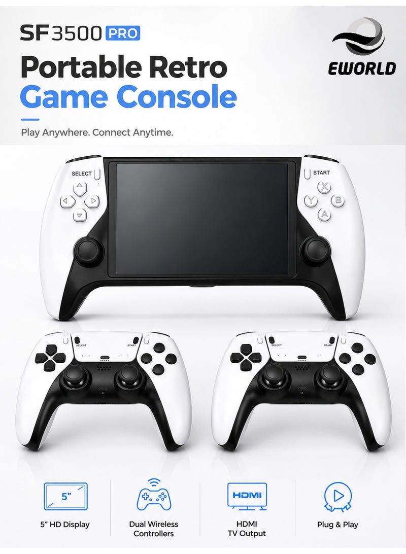 Eworld SF3500 PRO Portable Retro Game Console with 5-Inch IPS HD Display, Dual Wireless Controllers, HDMI TV Output, 64GB Game Card, Thousands of Built-in Retro Games, Rechargeable Handheld Gaming Console, Plug & Play for Kids & Adults - Image 1