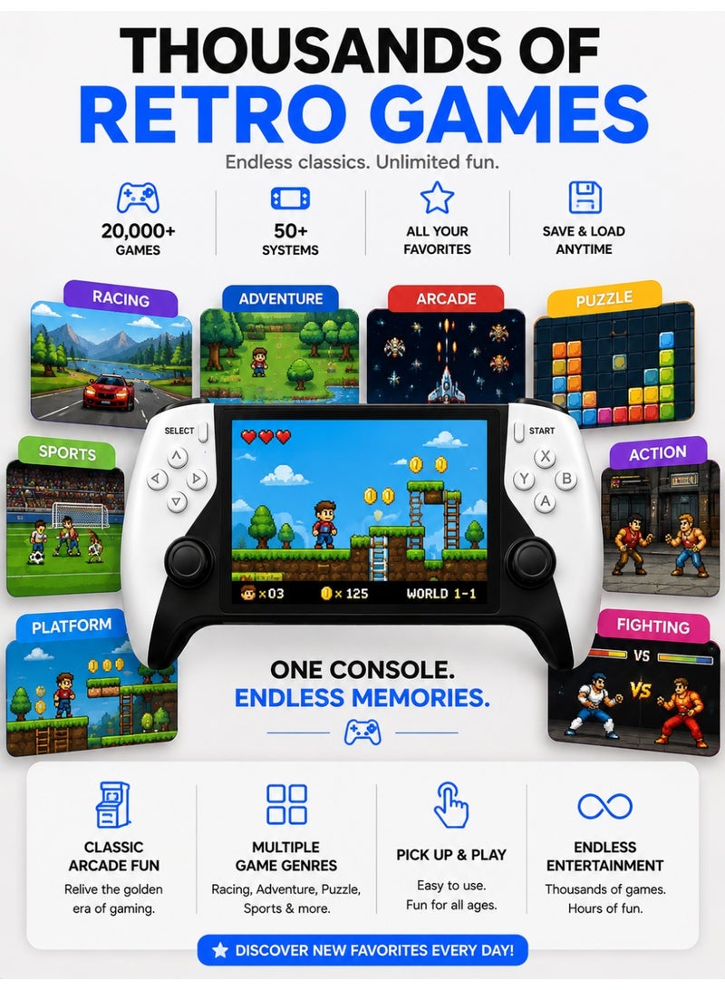 Eworld SF3500 PRO Portable Retro Game Console with 5-Inch IPS HD Display, Dual Wireless Controllers, HDMI TV Output, 64GB Game Card, Thousands of Built-in Retro Games, Rechargeable Handheld Gaming Console, Plug & Play for Kids & Adults - Image 3