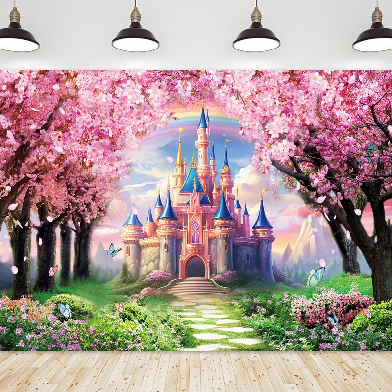 Riyidecor Princess Castle Backdrop Rainbow Pink Sakura Flowers Floral Fantasy Fairy Tale Wonderland 7Wx5H Feet Photography Background Birthday Wedding Party Photo Studio Shoot Polyester Fabric - Image 1