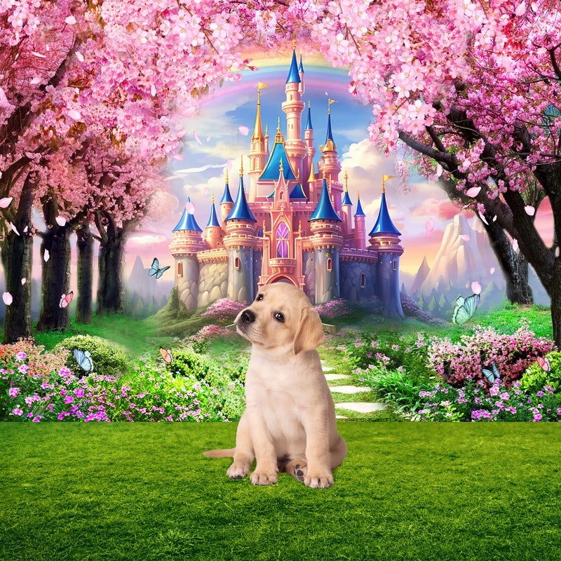 Riyidecor Princess Castle Backdrop Rainbow Pink Sakura Flowers Floral Fantasy Fairy Tale Wonderland 7Wx5H Feet Photography Background Birthday Wedding Party Photo Studio Shoot Polyester Fabric - Image 4