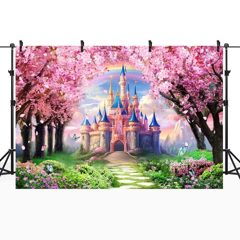 Riyidecor Princess Castle Backdrop Rainbow Pink Sakura Flowers Floral Fantasy Fairy Tale Wonderland 7Wx5H Feet Photography Background Birthday Wedding Party Photo Studio Shoot Polyester Fabric - Image 2