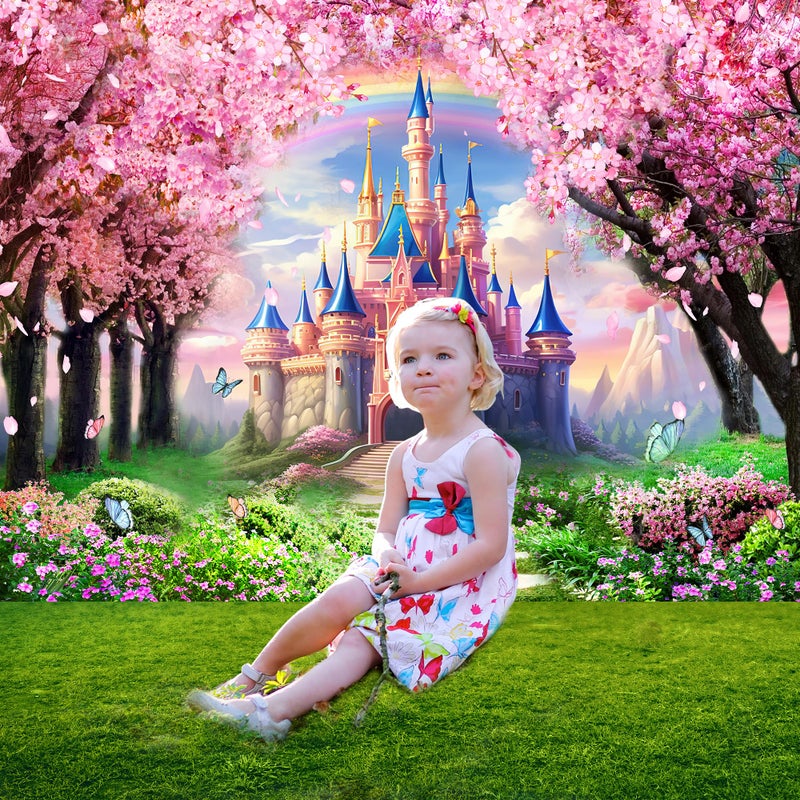 Riyidecor Princess Castle Backdrop Rainbow Pink Sakura Flowers Floral Fantasy Fairy Tale Wonderland 7Wx5H Feet Photography Background Birthday Wedding Party Photo Studio Shoot Polyester Fabric - Image 5