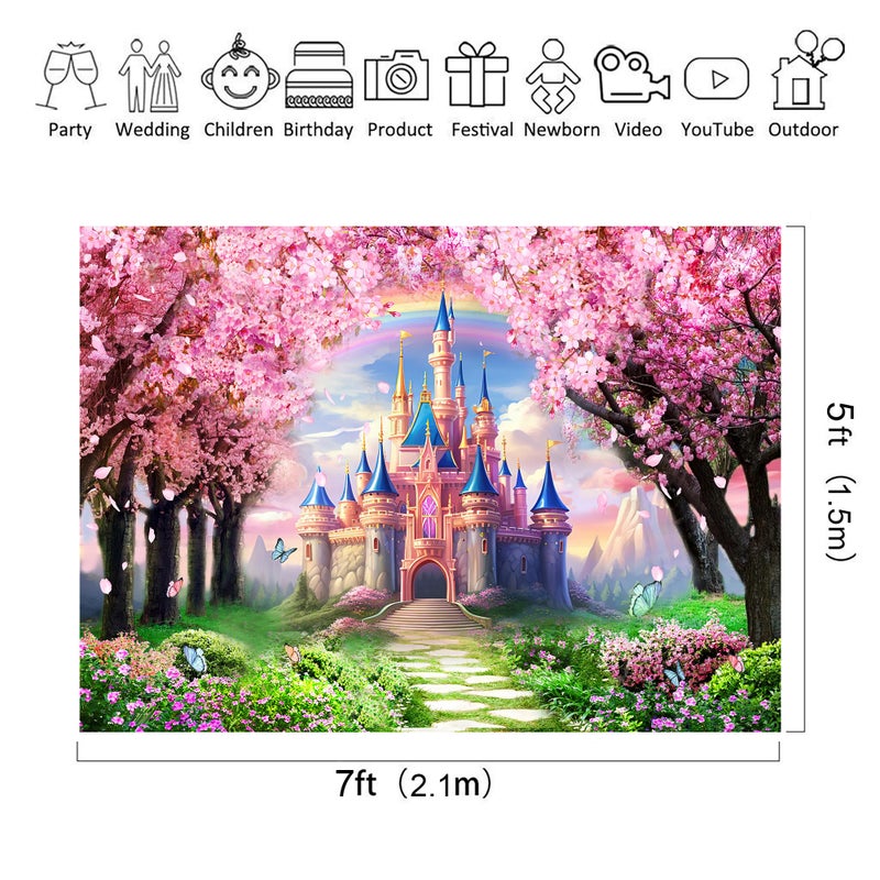 Riyidecor Princess Castle Backdrop Rainbow Pink Sakura Flowers Floral Fantasy Fairy Tale Wonderland 7Wx5H Feet Photography Background Birthday Wedding Party Photo Studio Shoot Polyester Fabric - Image 3