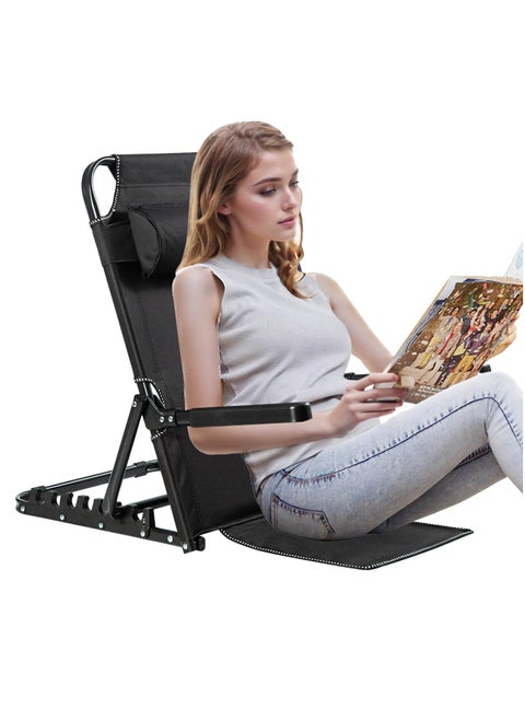 Bed Backrest for Sitting Up in Bed, Adjustable Lifting Back Rest Support, Folding Floor Chair for Reading with Pillow, Patient Care Bed Chair with Armrest Breathable Fabric, Black