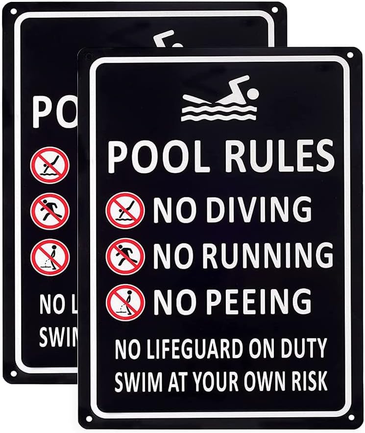 Kichwit 2 Pack Pool Rules Sign, Black, No Diving No Running No Peeing No Lifeguard on Duty Sign, Aluminum, Weather Resistant, 9.4 x 13.4 Inches - Image 1