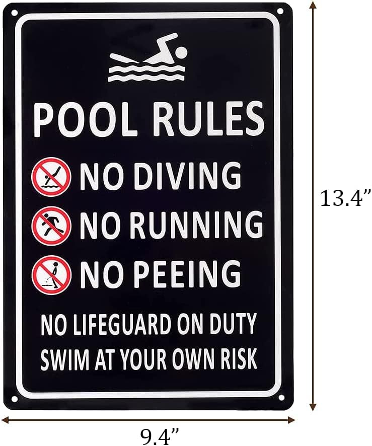 Kichwit 2 Pack Pool Rules Sign, Black, No Diving No Running No Peeing No Lifeguard on Duty Sign, Aluminum, Weather Resistant, 9.4 x 13.4 Inches - Image 5