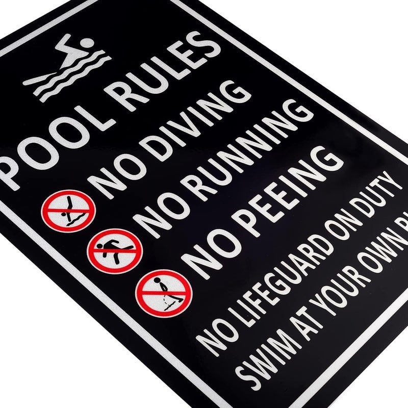 Kichwit 2 Pack Pool Rules Sign, Black, No Diving No Running No Peeing No Lifeguard on Duty Sign, Aluminum, Weather Resistant, 9.4 x 13.4 Inches - Image 2