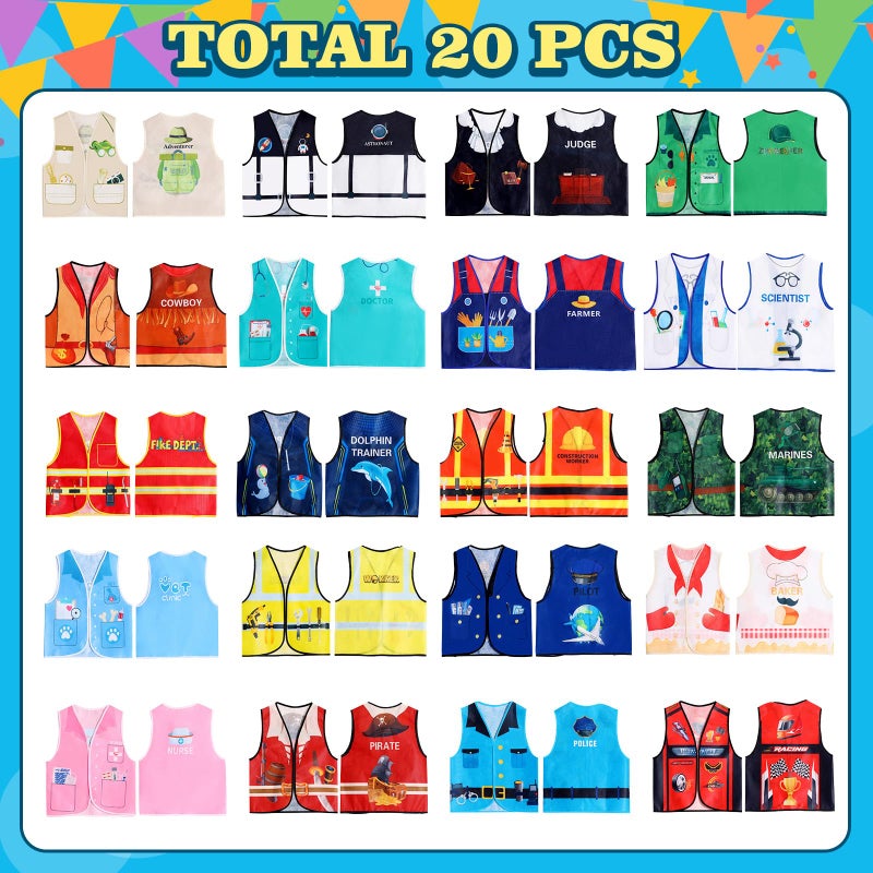 Haysandy 20 PCS Kids Dress Up Vest Community Helper Costumes Kids Role Play Career Cosplay Clothes for Toddlers Pretend and Play Halloween Costume Doctor Police Fireman Construction Birthday Gifts - Image 3