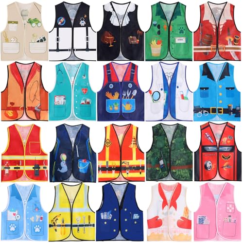 Haysandy 20 PCS Kids Dress Up Vest Community Helper Costumes Kids Role Play Career Cosplay Clothes for Toddlers Pretend and Play Halloween Costume Doctor Police Fireman Construction Birthday Gifts - Image 1