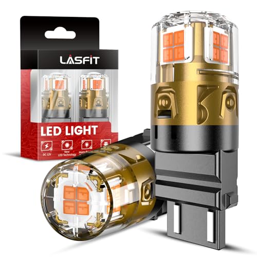 LASFIT مصابيح إشارة الانعطاف LED LASFIT 3157 باللون الأصفر الكهرماني، ترقية سطوع 500% 3156 3157a 3057 4157 4057 LED، مصابيح بديلة مع أضواء وامضة خلفية (تحتاج إلى مقاومة)، 2 قطعة - Image 1