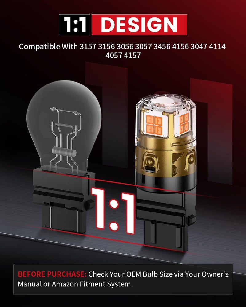 LASFIT مصابيح إشارة الانعطاف LED LASFIT 3157 باللون الأصفر الكهرماني، ترقية سطوع 500% 3156 3157a 3057 4157 4057 LED، مصابيح بديلة مع أضواء وامضة خلفية (تحتاج إلى مقاومة)، 2 قطعة - Image 4