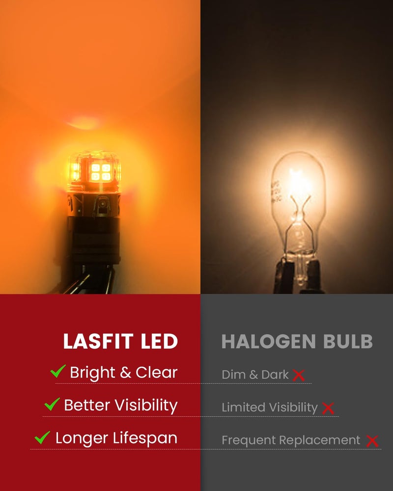 LASFIT مصابيح إشارة الانعطاف LED LASFIT 3157 باللون الأصفر الكهرماني، ترقية سطوع 500% 3156 3157a 3057 4157 4057 LED، مصابيح بديلة مع أضواء وامضة خلفية (تحتاج إلى مقاومة)، 2 قطعة - Image 3