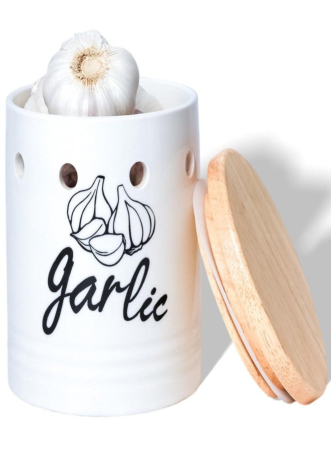 GDCZ Large Garlic Keeper with Wood Lid, Ceramic Garlic Container for Counter,Garlic Saver to Keep Your Garlic Cloves Fresh Longer, 31 oz White - Image 1