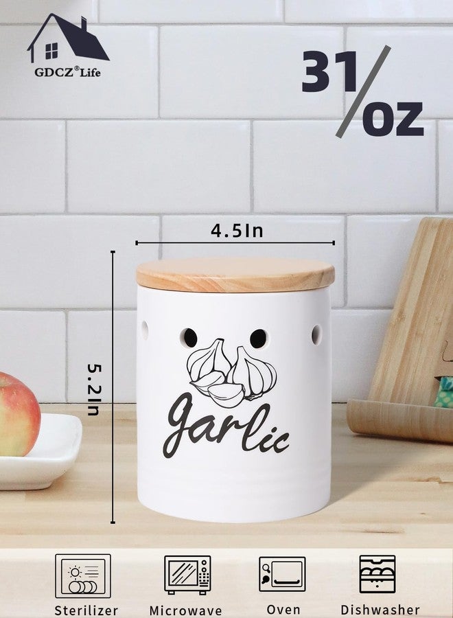 GDCZ Large Garlic Keeper with Wood Lid, Ceramic Garlic Container for Counter,Garlic Saver to Keep Your Garlic Cloves Fresh Longer, 31 oz White - Image 3