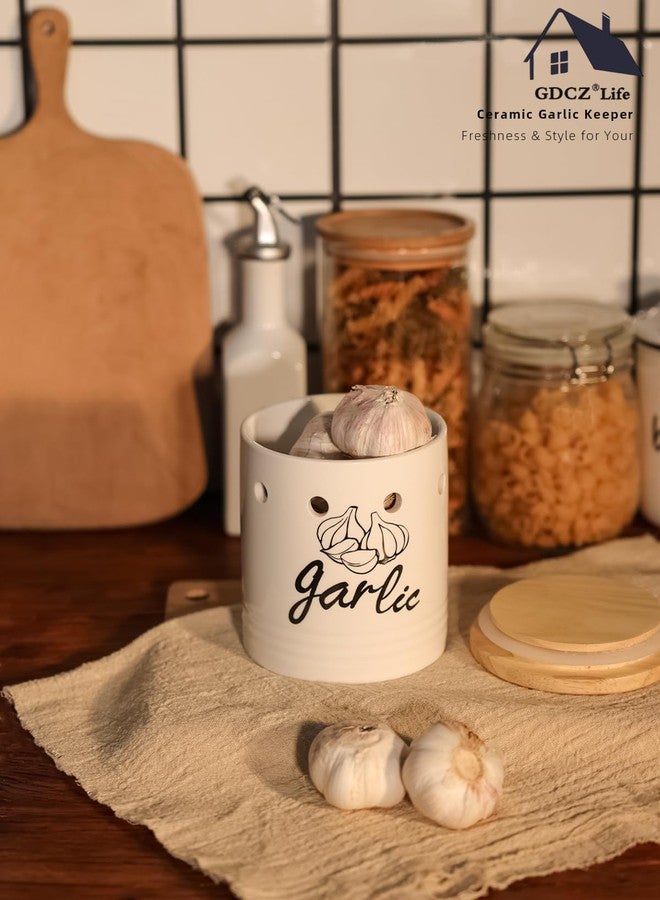GDCZ Large Garlic Keeper with Wood Lid, Ceramic Garlic Container for Counter,Garlic Saver to Keep Your Garlic Cloves Fresh Longer, 31 oz White - Image 2