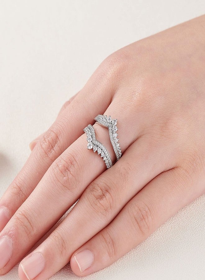 نيو شي جولري خواتم زفاف من نيوشي للمجوهرات مرصعة بالزركونيا المكعبة للنساء، بتصميم تاج مزدوج لتعزيز خواتم الخطوبة، مصنوعة من الفضة الإسترليني عيار 925، مقاس 7 - Image 5