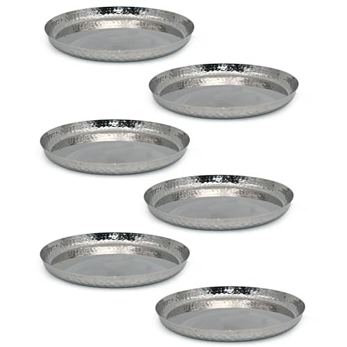 UBIQ Essentials Stainless Steel Dinner Plates Hammered Finish, Premium Steel Thali for Lunch, Dinner Plate, Tiffin Plates, Ideal for Home & Restaurant I 30 cm Plate (Set of 6) I 1 Year Warranty - Image 1