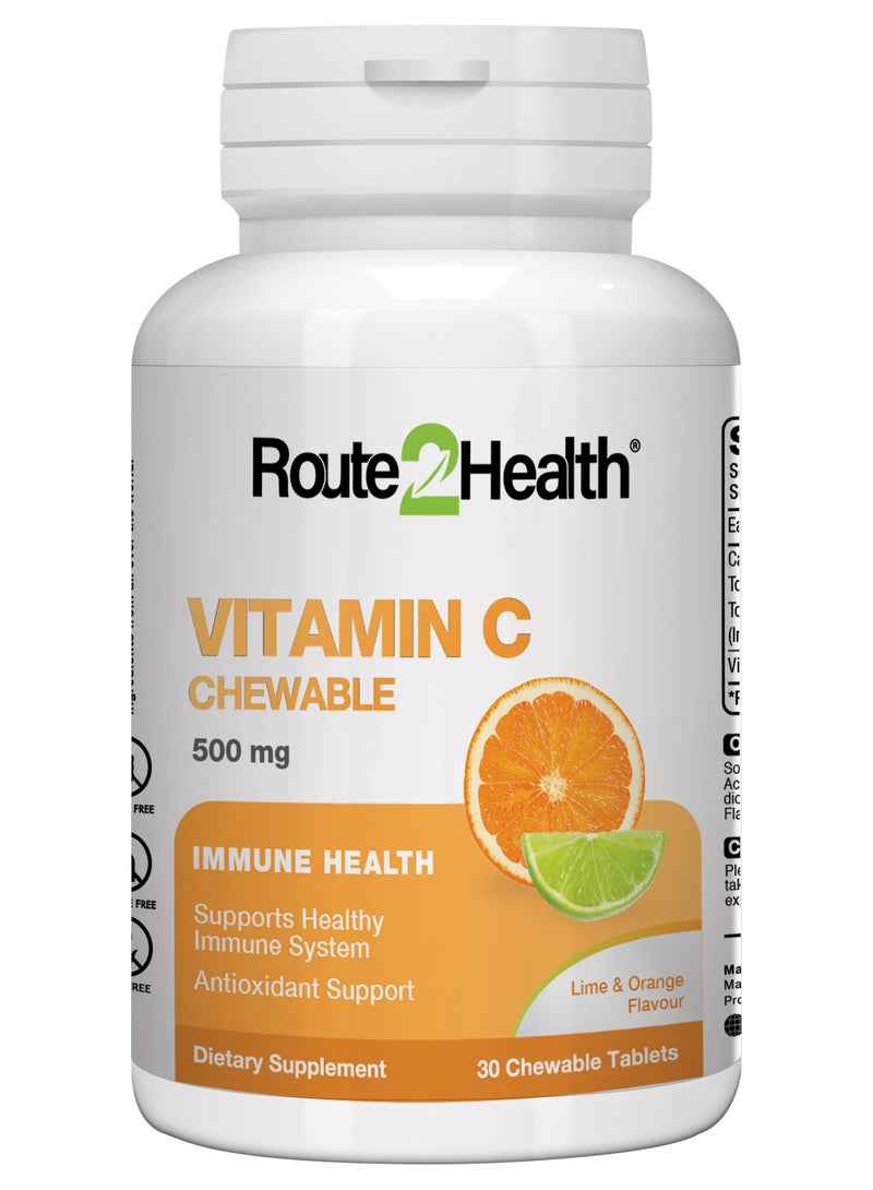 Route2Health Route 2 Health Vitamin C 500 mg Chewable Tablets - 30 Count – Immune Support, Antioxidant Protection, Delicious Orange and Lime Flavor – Ideal for Daily Use, Supports Skin Health and Overall Wellness - Image 1