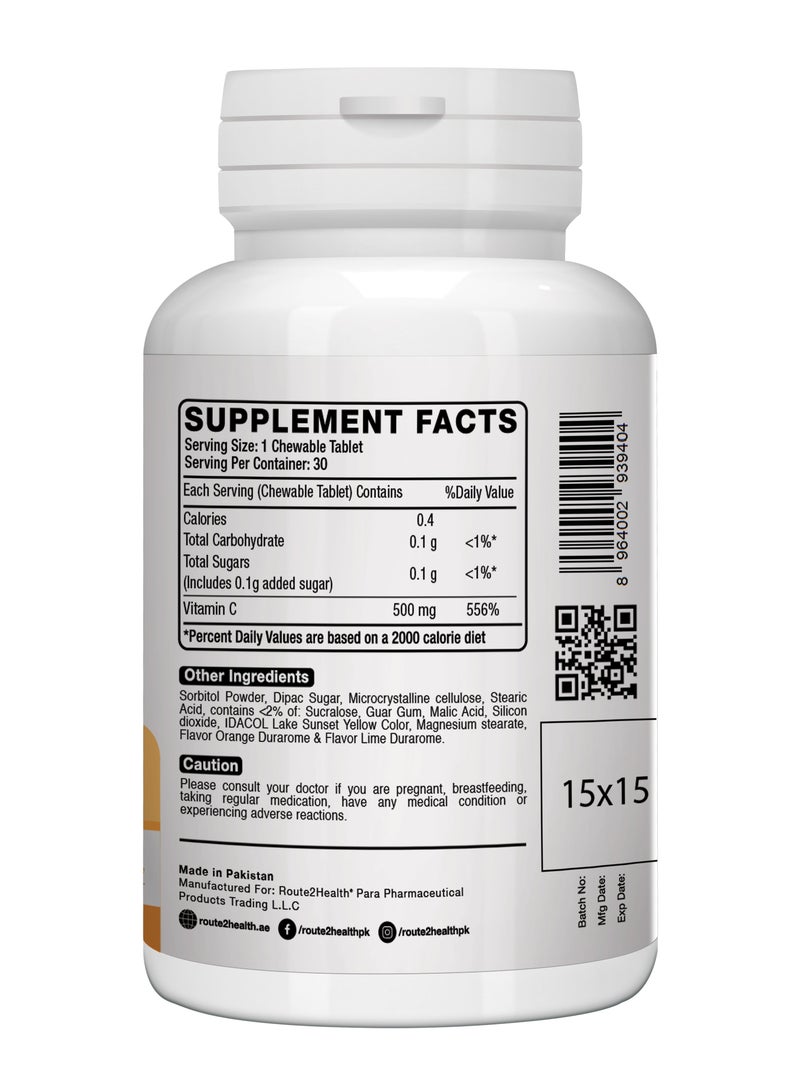 Route2Health Route 2 Health Vitamin C 500 mg Chewable Tablets - 30 Count – Immune Support, Antioxidant Protection, Delicious Orange and Lime Flavor – Ideal for Daily Use, Supports Skin Health and Overall Wellness - Image 3