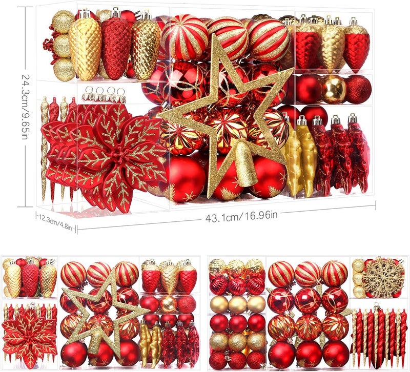 SHareconn 106PCS Christmas Balls Ornaments Set, Colorful Shatterproof Plastic Decorative Baubles for Xmas Tree Decor Holiday Wedding Party Decoration with Hanging Hooks, Red & Gold - Image 5