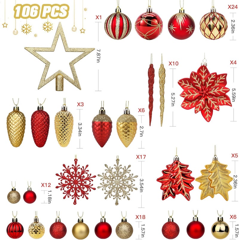 SHareconn 106PCS Christmas Balls Ornaments Set, Colorful Shatterproof Plastic Decorative Baubles for Xmas Tree Decor Holiday Wedding Party Decoration with Hanging Hooks, Red & Gold - Image 2