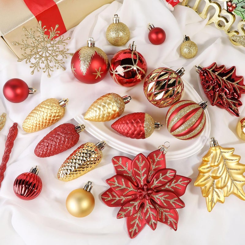 SHareconn 106PCS Christmas Balls Ornaments Set, Colorful Shatterproof Plastic Decorative Baubles for Xmas Tree Decor Holiday Wedding Party Decoration with Hanging Hooks, Red & Gold - Image 3