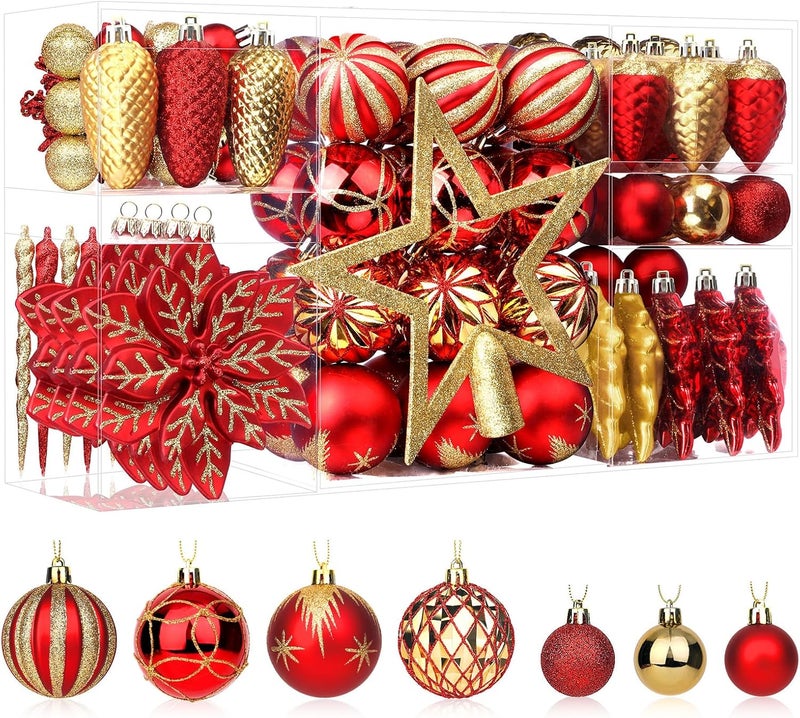 SHareconn 106PCS Christmas Balls Ornaments Set, Colorful Shatterproof Plastic Decorative Baubles for Xmas Tree Decor Holiday Wedding Party Decoration with Hanging Hooks, Red & Gold - Image 1