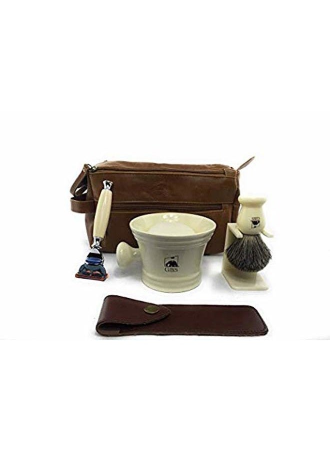 G.B.S Men's Deluxe Grooming Ivory Set- 5 Blade Razor with Travel Case, Synthetic Bristle Brush and Stand, 4.5in Diameter Ceramic Mug, Mesh Toiletry Travel Bag ahd Natural Glycerin Shave Soap