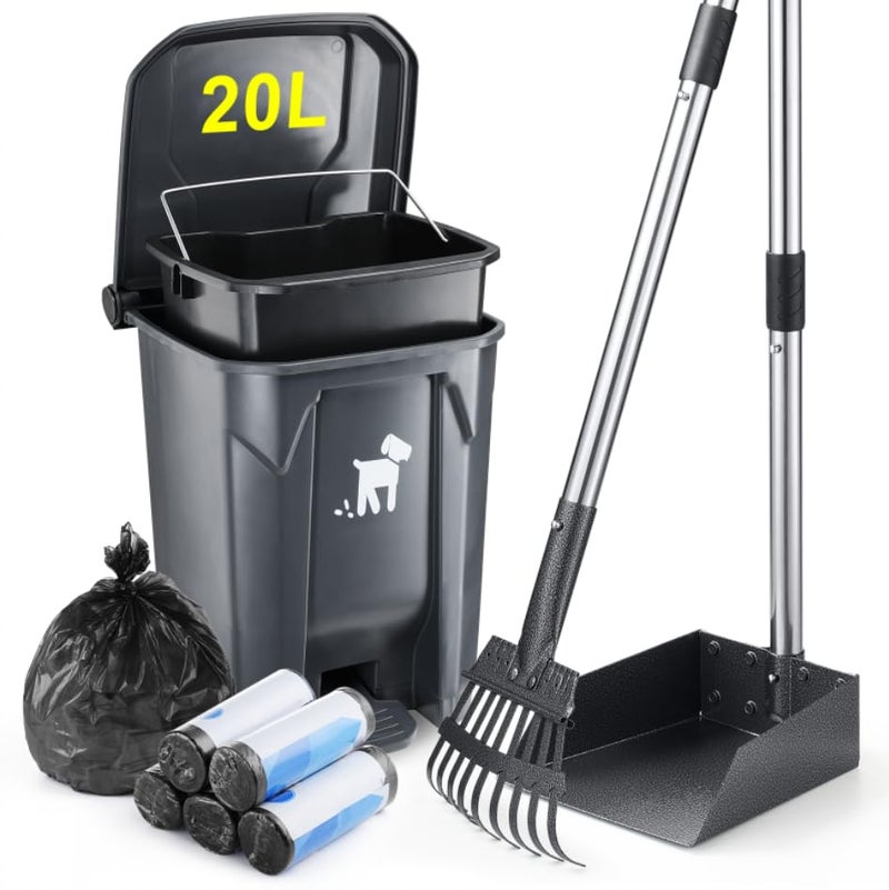 Biubiucat Dog Pooper Scooper, Dog Poop Trash Can Set with Removable Inner Bucket, Long Handle Rake, 150 Waste Bags, Easy Pick Up Poop Scooper, 20L Dog Poop Trash Bin for Small/Large Dog Families - Image 1