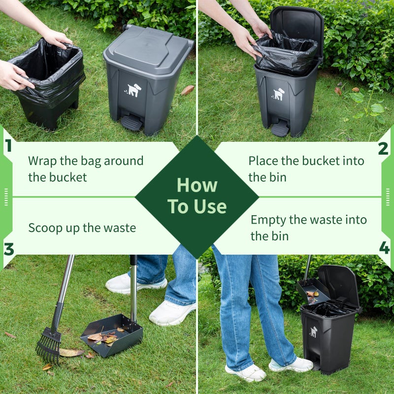 Biubiucat Dog Pooper Scooper, Dog Poop Trash Can Set with Removable Inner Bucket, Long Handle Rake, 150 Waste Bags, Easy Pick Up Poop Scooper, 20L Dog Poop Trash Bin for Small/Large Dog Families - Image 2