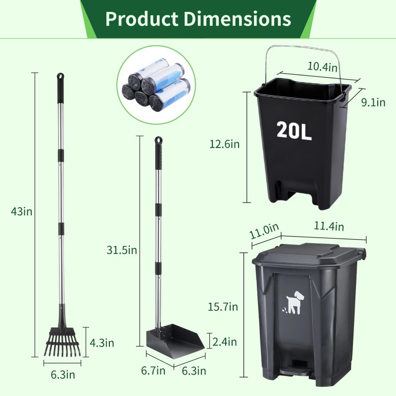 Biubiucat Dog Pooper Scooper, Dog Poop Trash Can Set with Removable Inner Bucket, Long Handle Rake, 150 Waste Bags, Easy Pick Up Poop Scooper, 20L Dog Poop Trash Bin for Small/Large Dog Families - Image 4