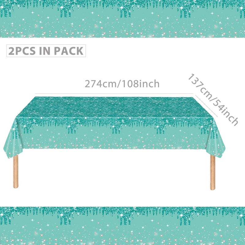 Mienocol 2pcs Teal Table Cloth Party Disposable Tablecloths,137 x274cm Shiny Glitter Diamond Teal Party Rectangular Dining Table Cover for Baby Shower,Wedding,Birthday,Princess,Girls Party Table Décor - Image 2
