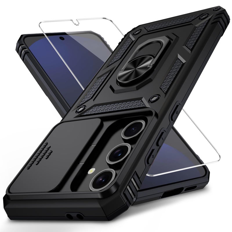 Weycolor for Samsung Galaxy S25 Plus Case with Camera Lens Cover, HD Screen Protector, 10 FT Military Grade Drop Protection, Magnetic Ring Holder Kickstand Protective Phone Case, Black - Image 1