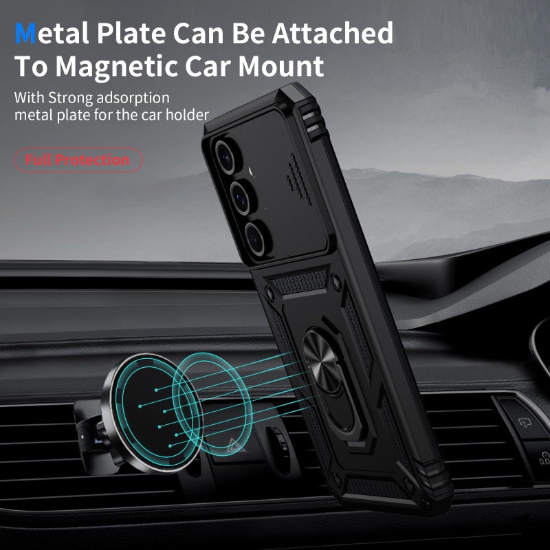 Weycolor for Samsung Galaxy S25 Plus Case with Camera Lens Cover, HD Screen Protector, 10 FT Military Grade Drop Protection, Magnetic Ring Holder Kickstand Protective Phone Case, Black - Image 2