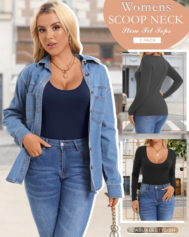 Riyiper 3 Pack Women's Scoop Neck Tops Long Sleeve Slim Fitted Shirts Casual Basic Tunic Fall Trendy Y2k Tight Tees(Navy Blue, Dark Gray, Black,Medium) - Image 5