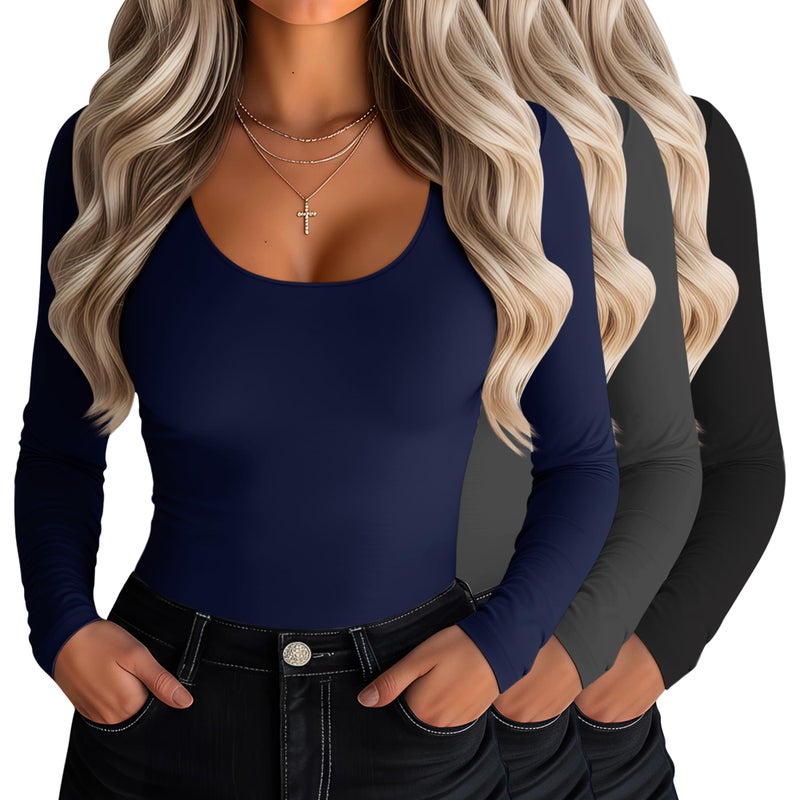 Riyiper 3 Pack Women's Scoop Neck Tops Long Sleeve Slim Fitted Shirts Casual Basic Tunic Fall Trendy Y2k Tight Tees(Navy Blue, Dark Gray, Black,Medium) - Image 1