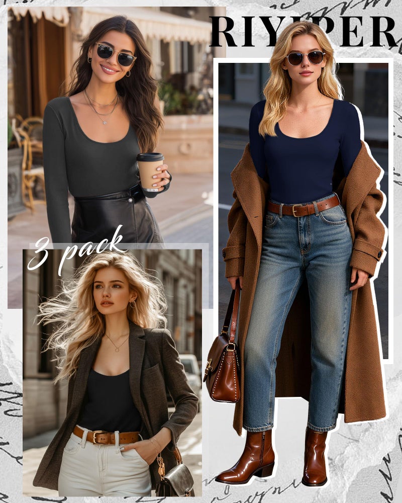 Riyiper 3 Pack Women's Scoop Neck Tops Long Sleeve Slim Fitted Shirts Casual Basic Tunic Fall Trendy Y2k Tight Tees(Navy Blue, Dark Gray, Black,Medium) - Image 2