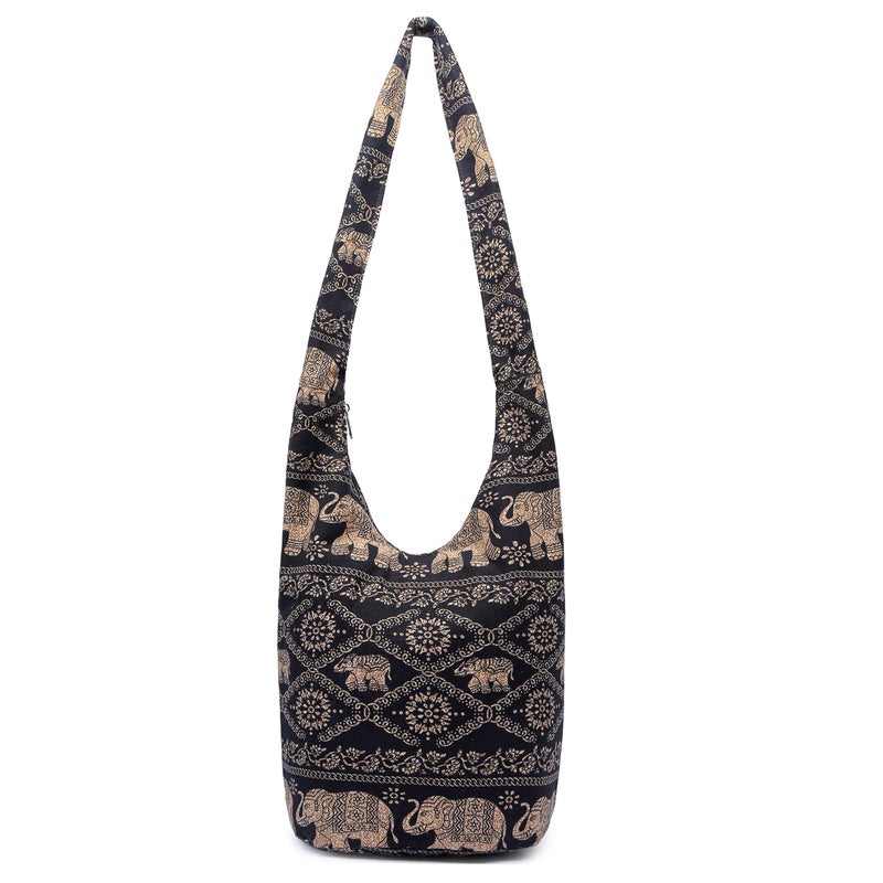 Coton Pose Women Shoulder Handbags Fashion canvas Hippie Crossbody Bags Bohemian Animal Prints Hobo Bags (Black elephant) - Image 1