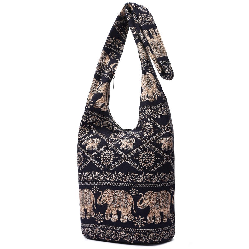 Coton Pose Women Shoulder Handbags Fashion canvas Hippie Crossbody Bags Bohemian Animal Prints Hobo Bags (Black elephant) - Image 2