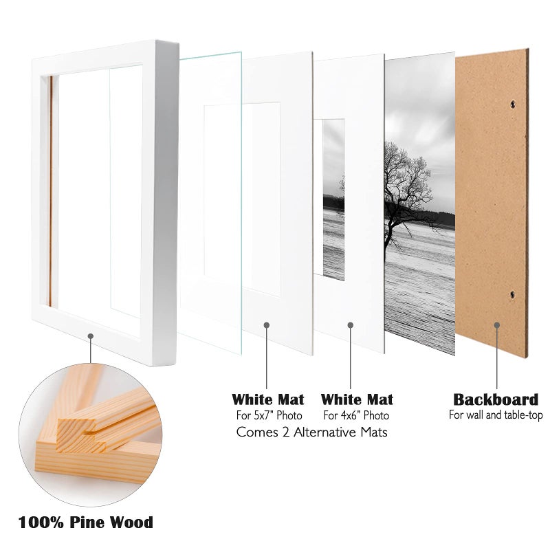 Egofine Egofine 8x10 Picture Frames Set of 4  Made of Solid Wood Covered by Plexiglass 4x6 and 5x7 with Mat or 8x10' without Mat  for Table Top Display and Wall Mounting Photo Frame White  - Image 3