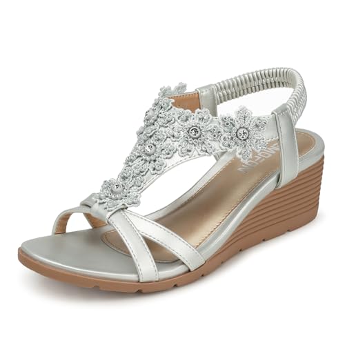 TEMOFON Women's Low Wedge Heels Summer Dressy Platform Sandals Elastic Ankle Strap Open Toe Flower Shoes Silver Size 8 - Image 1
