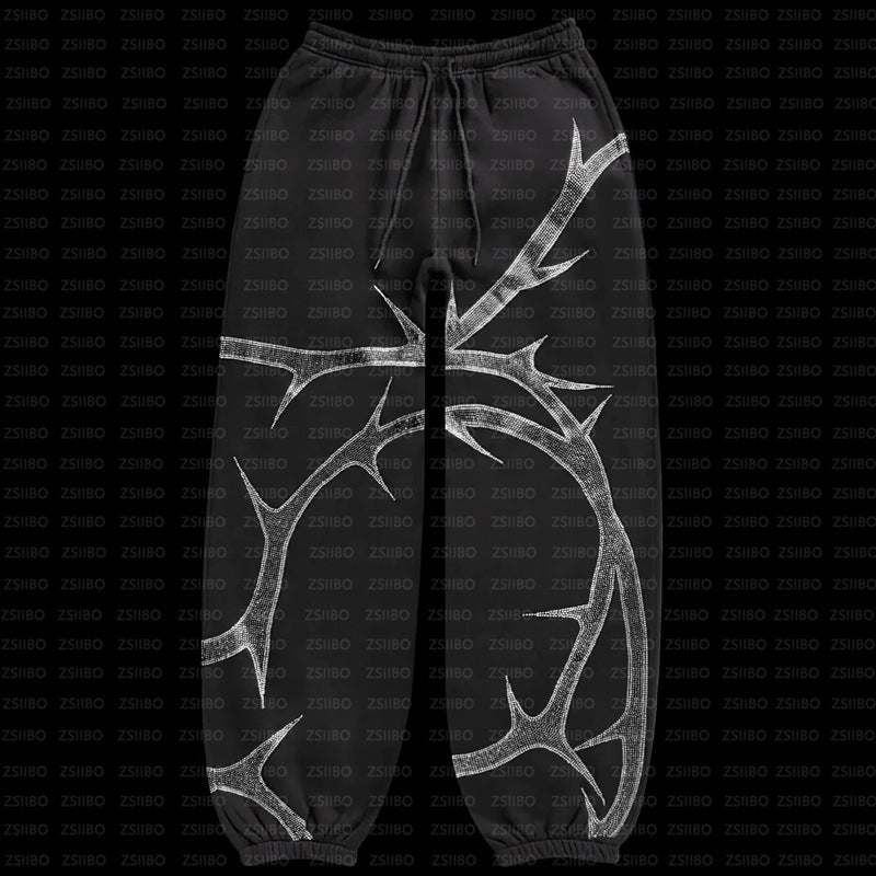 2023 Unisex Street Hoodie Rhinestone Zip black pants - Image 1