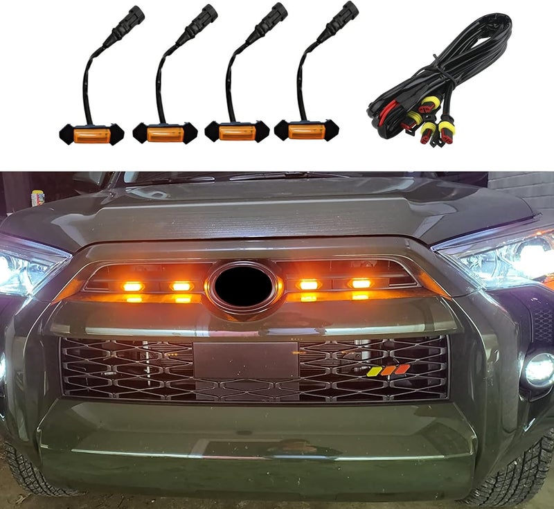 4 LED Grill Lights, Bright Amber LED Lights with Wiring Harness, Waterproof Front Grill Lights, Replacement Exterior Vehicle Grille Lights for Front Grille - Image 1