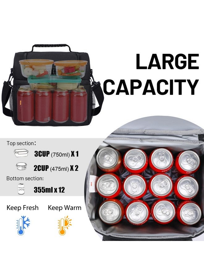 MIER Mens Insulated Lunch Box, Dual Compartment Large Lunch Bag Coolers with Shoulder Strap for Men Women Adult to Office Work, Picnic, Travel, Outdoors, Black - Image 2