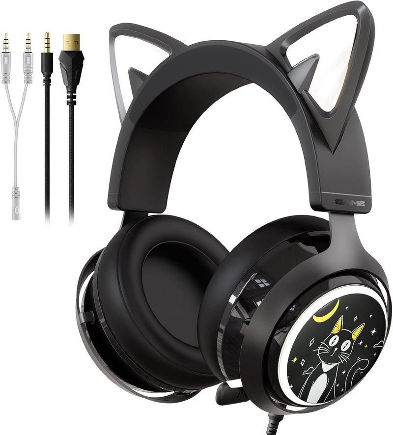 Somic GS510 Cat Headset, 3.5mm Wired Headphones with Retractable Mic Noise Cancelling, for Xbox One, PS5, PS4, PC, Black - Image 1