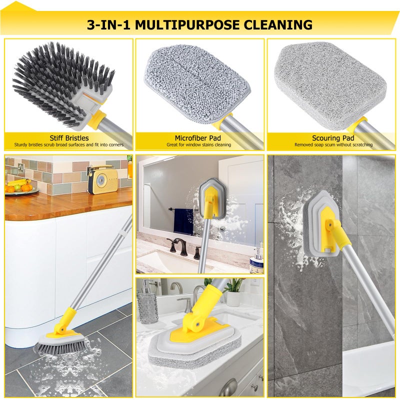 Lalafancy Shower Cleaning Brush with Locking Head, 3 in 1 Tub Tile Scrubber Brush with 50'' Extendable Long Handle Stiff Bristles Scouring Pads Microfiber for Cleaning Bathtub Shower Wall Bathroom - Image 2